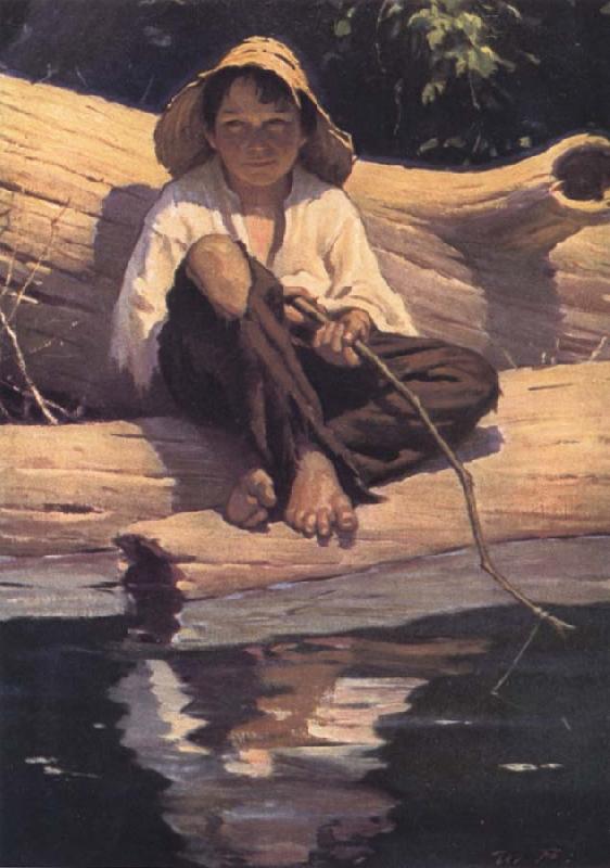 Worth Brehm Forntispiece illustration for The Adventures of Huckleberry Finn by mark Twain Germany oil painting art